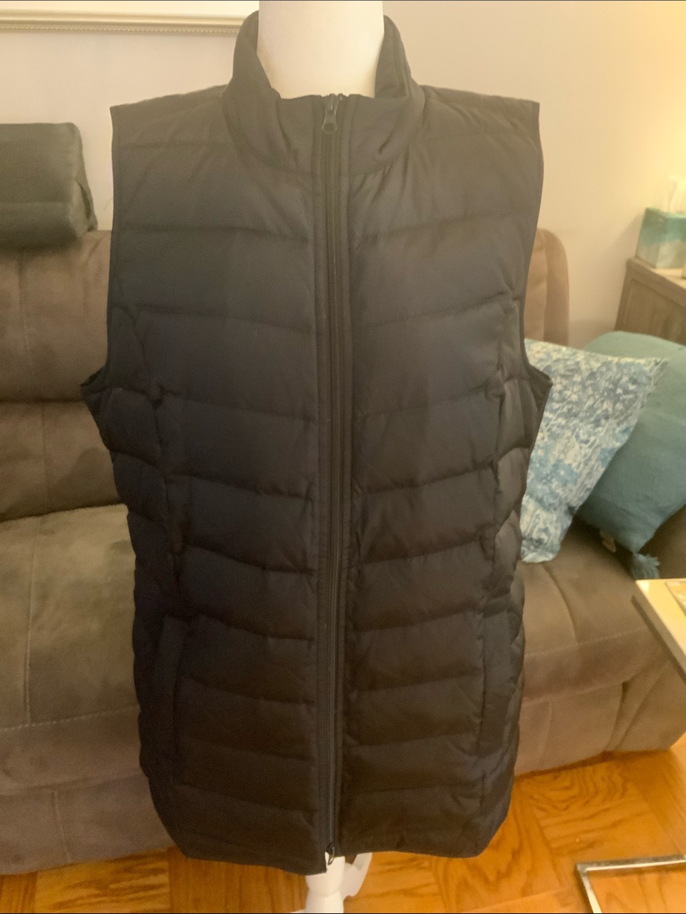 J Jill Women’s Long Black Quilted Down Vest - Lightweight Zip Front